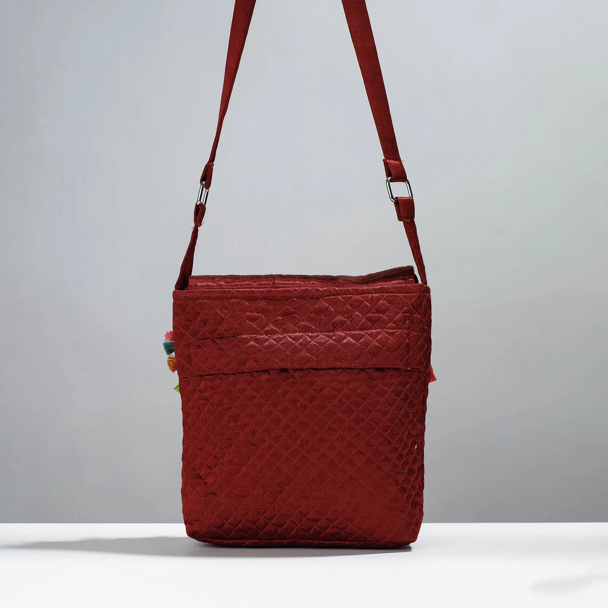 Brown - Soof Stitch Embroidery Pure Handloom Mashru Silk Sling Flap Bag