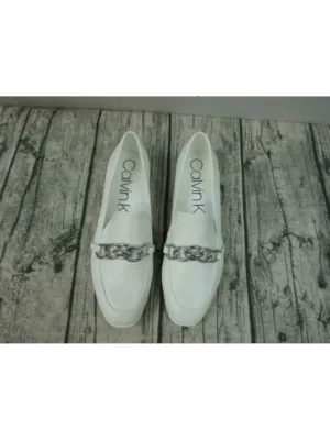 CALVIN KLEIN Womens White Lizard Print Chain Link Accent Comfort Logo Banda Almond Toe Wedge Slip On Loafers Shoes M