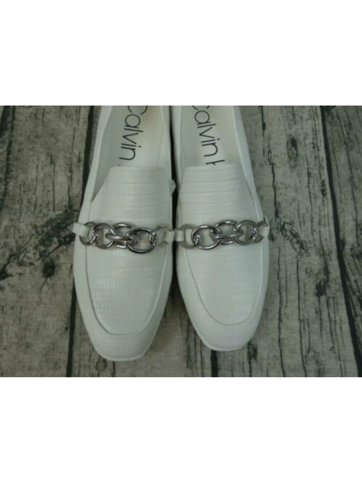 CALVIN KLEIN Womens White Lizard Print Chain Link Accent Comfort Logo Banda Almond Toe Wedge Slip On Loafers Shoes M