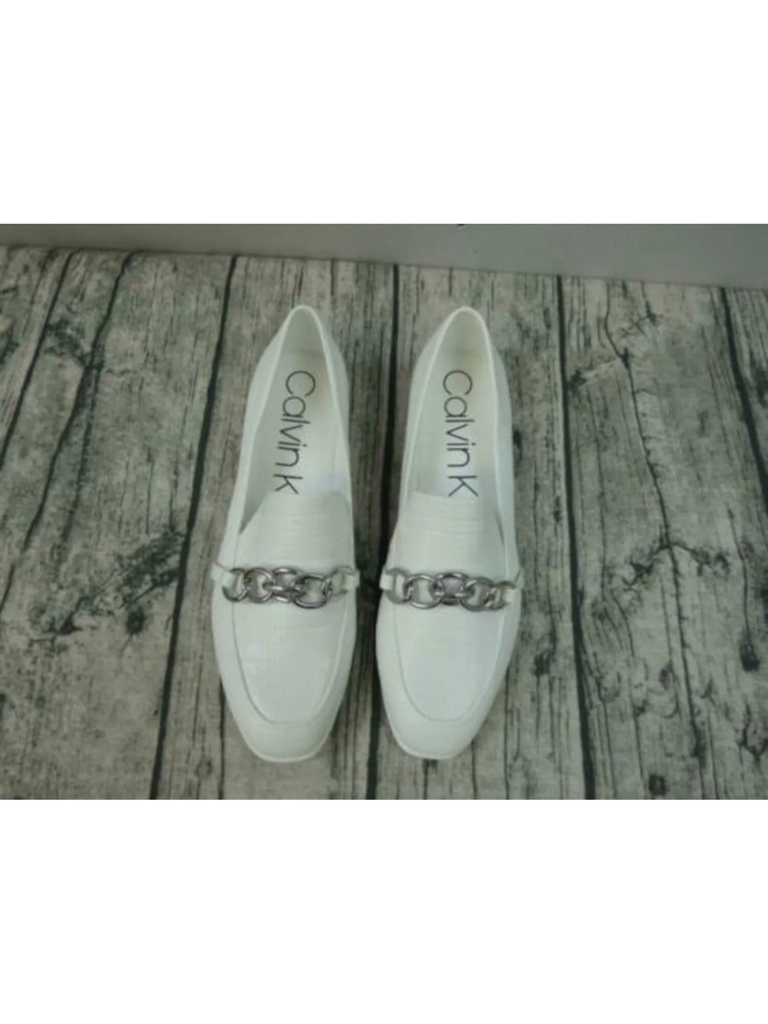 CALVIN KLEIN Womens White Lizard Print Chain Link Accent Comfort Logo Banda Almond Toe Wedge Slip On Loafers Shoes M