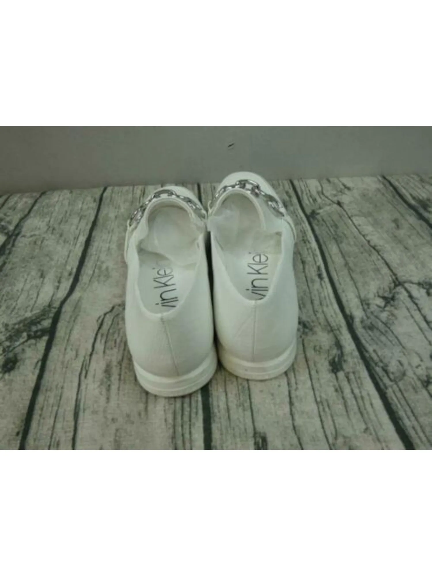 CALVIN KLEIN Womens White Lizard Print Chain Link Accent Comfort Logo Banda Almond Toe Wedge Slip On Loafers Shoes M