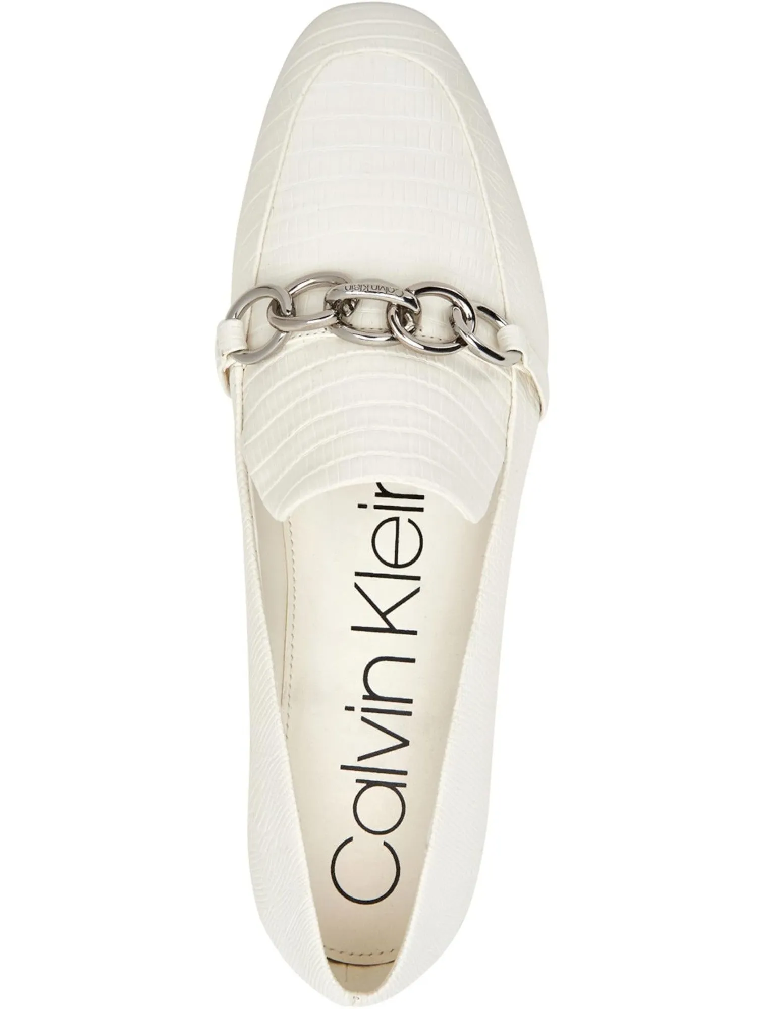 CALVIN KLEIN Womens White Lizard Print Chain Link Accent Comfort Logo Banda Almond Toe Wedge Slip On Loafers Shoes