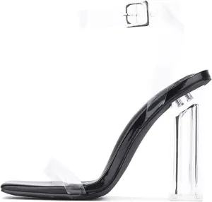 Cape Robbin Maria-2 Black Clear Block High Heel Transparent Open Toe Pumps