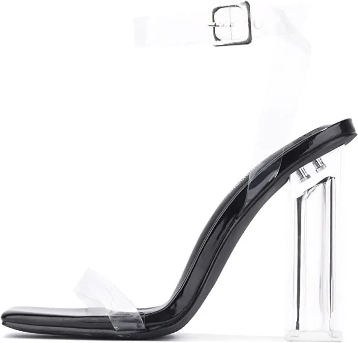 Cape Robbin Maria-2 Black Clear Block High Heel Transparent Open Toe Pumps