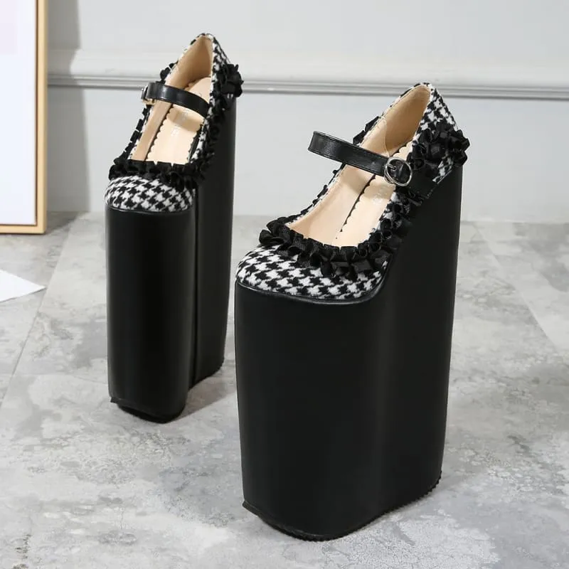 Checkered Dolly Drag Shoes with 30cm Heel Sissy Platform Pumps