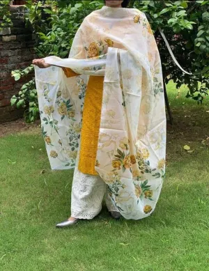 Chikankari Pallazo , Kurti and Floral Print Dupatta Set with Jutti Combo