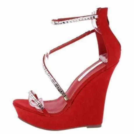Classic Red Rhinestone Platform Wedge Wedding Sandals