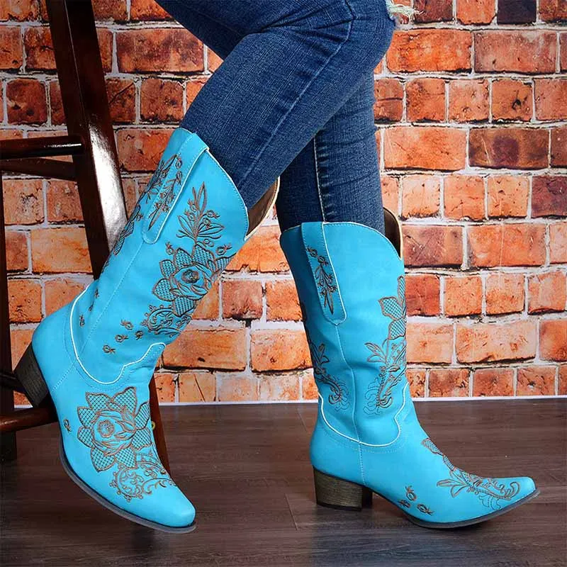 Country cowboy Embroidery boots for women casual mid-calf dress boots