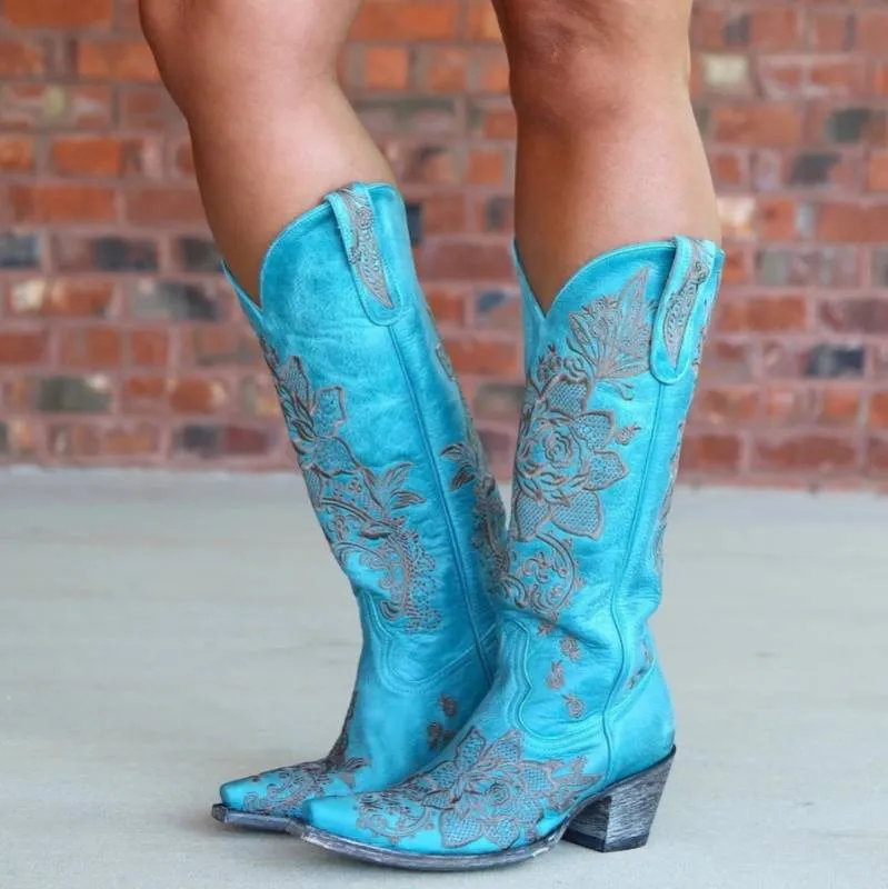 Country cowboy Embroidery boots for women casual mid-calf dress boots