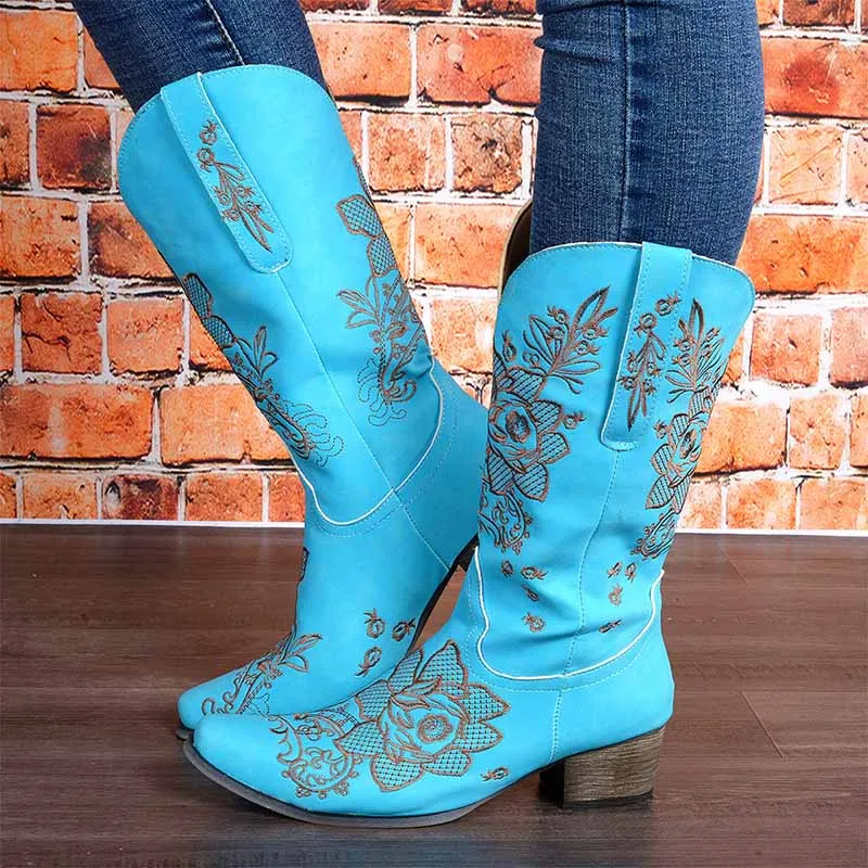 Country cowboy Embroidery boots for women casual mid-calf dress boots