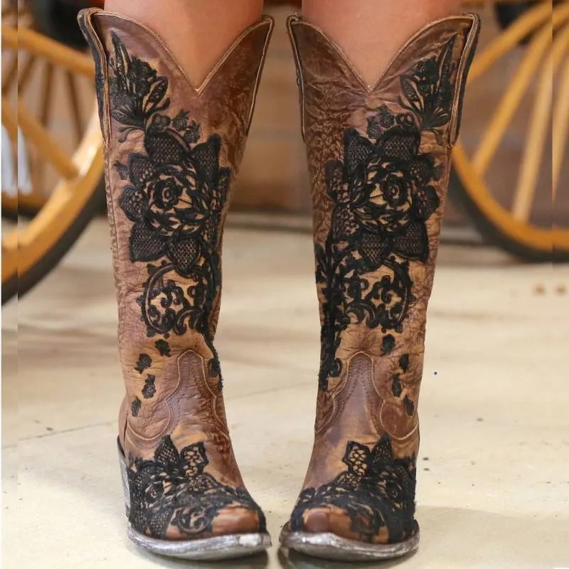 Country cowboy Embroidery boots for women casual mid-calf dress boots