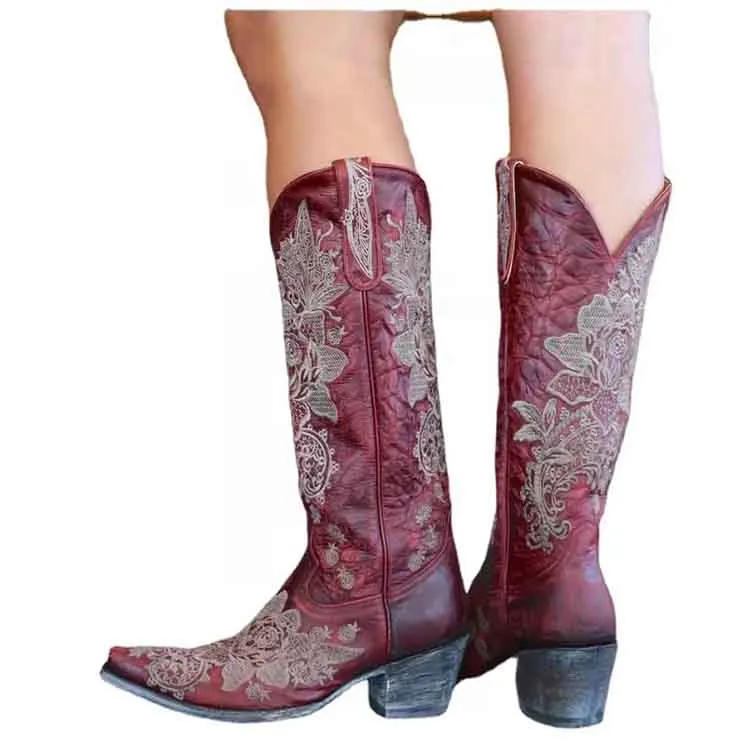 Country cowboy Embroidery boots for women casual mid-calf dress boots