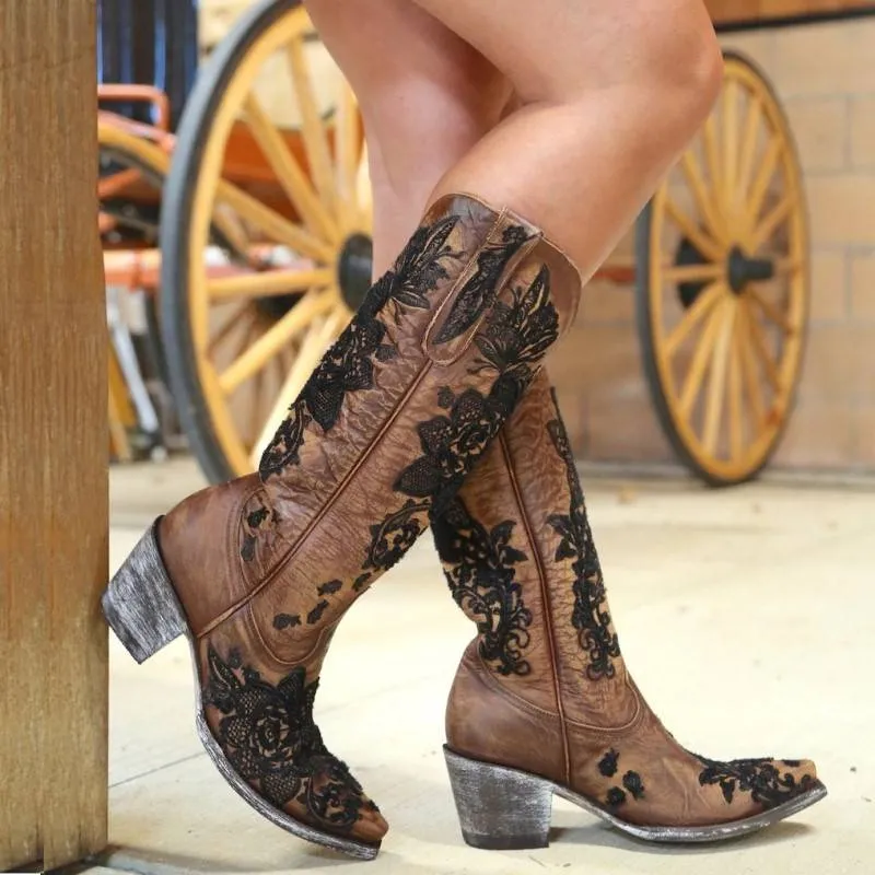 Country cowboy Embroidery boots for women casual mid-calf dress boots