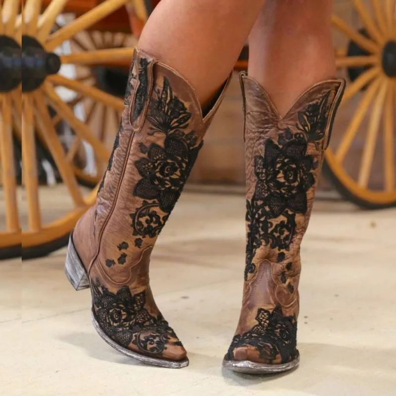 Country cowboy Embroidery boots for women casual mid-calf dress boots
