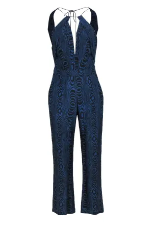 Diane von Furstenberg - Blue & Black Wood Grain Print Silk Jumpsuit Sz 2