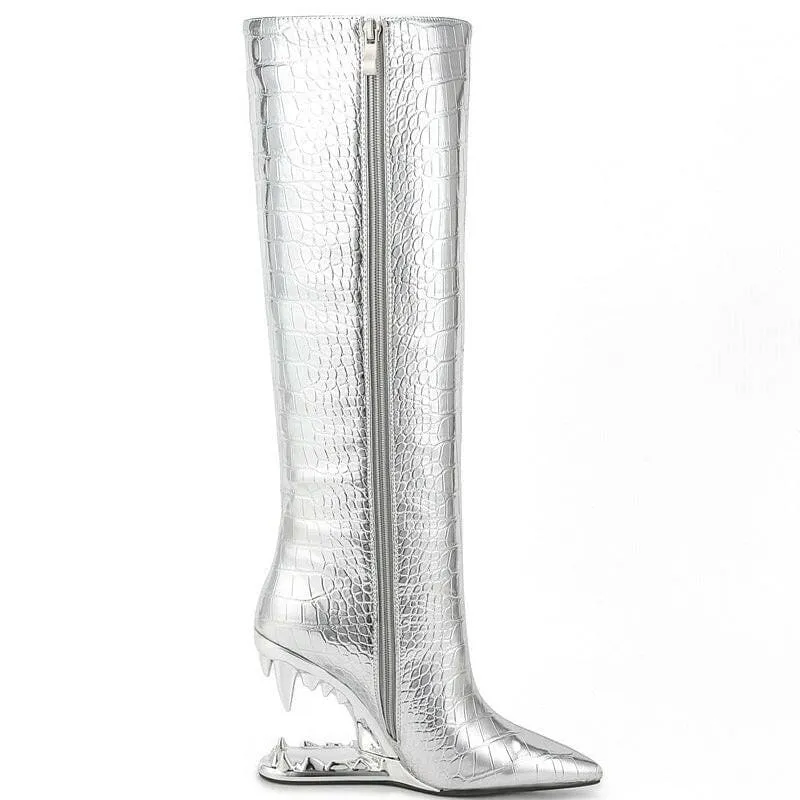 Edgy High Heel Boots with Shark Teeth Pointed Stone Pattern