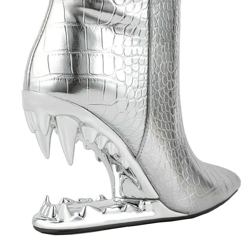Edgy High Heel Boots with Shark Teeth Pointed Stone Pattern