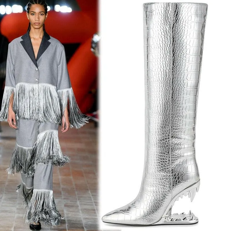 Edgy High Heel Boots with Shark Teeth Pointed Stone Pattern