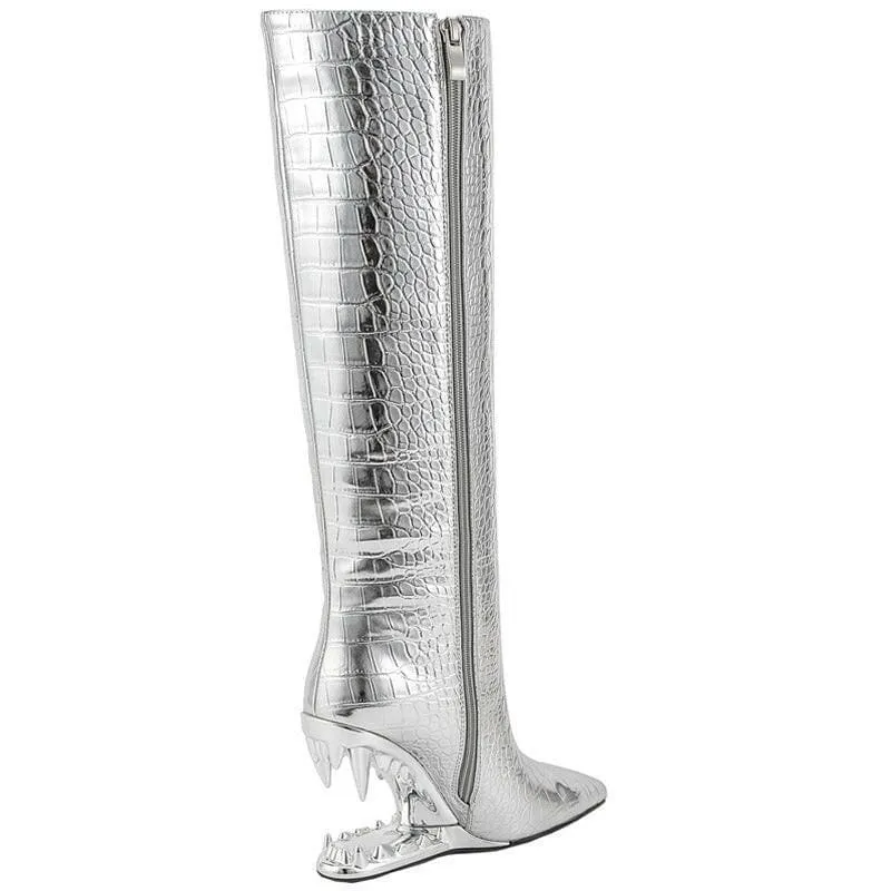 Edgy High Heel Boots with Shark Teeth Pointed Stone Pattern