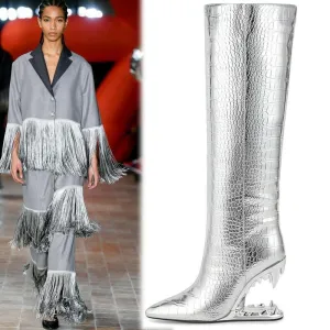Edgy High Heel Boots with Shark Teeth Pointed Stone Pattern