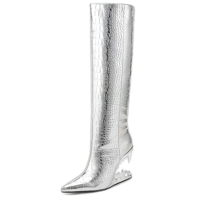 Edgy High Heel Boots with Shark Teeth Pointed Stone Pattern