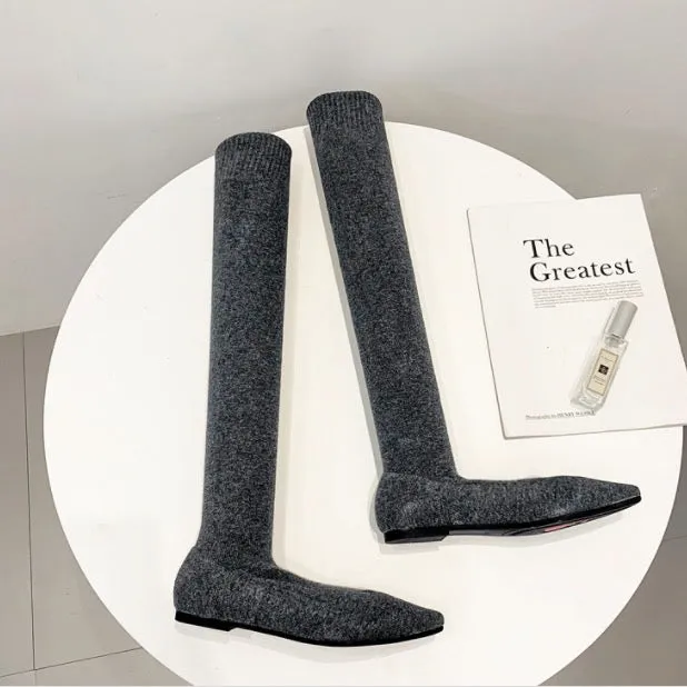 Elastic Over Knee Flat Bottomed Pointed Knitted Boots