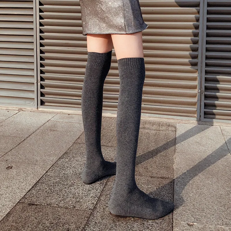 Elastic Over Knee Flat Bottomed Pointed Knitted Boots