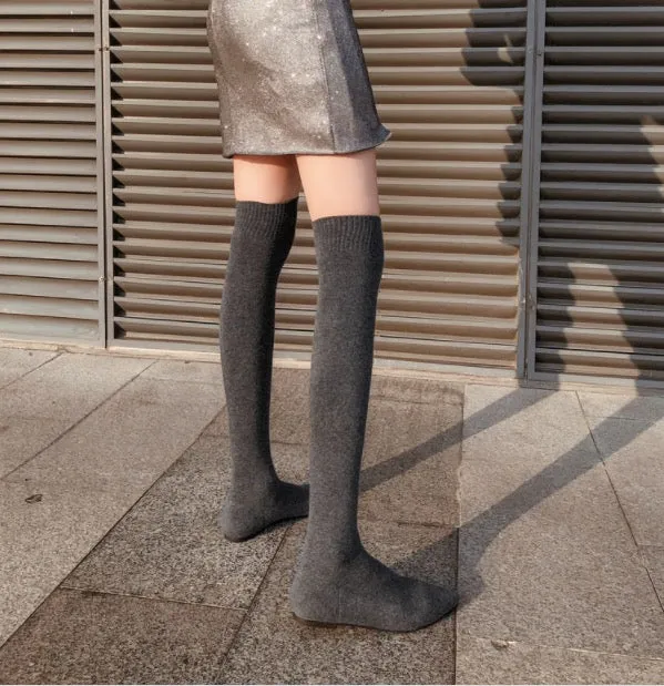 Elastic Over Knee Flat Bottomed Pointed Knitted Boots