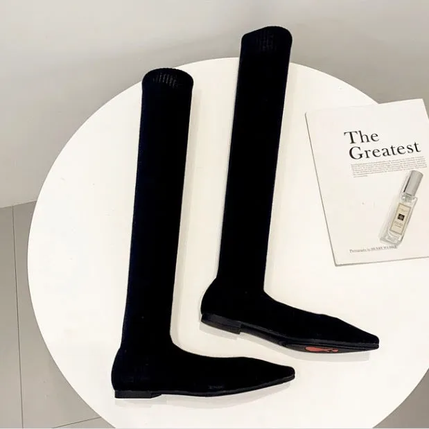 Elastic Over Knee Flat Bottomed Pointed Knitted Boots