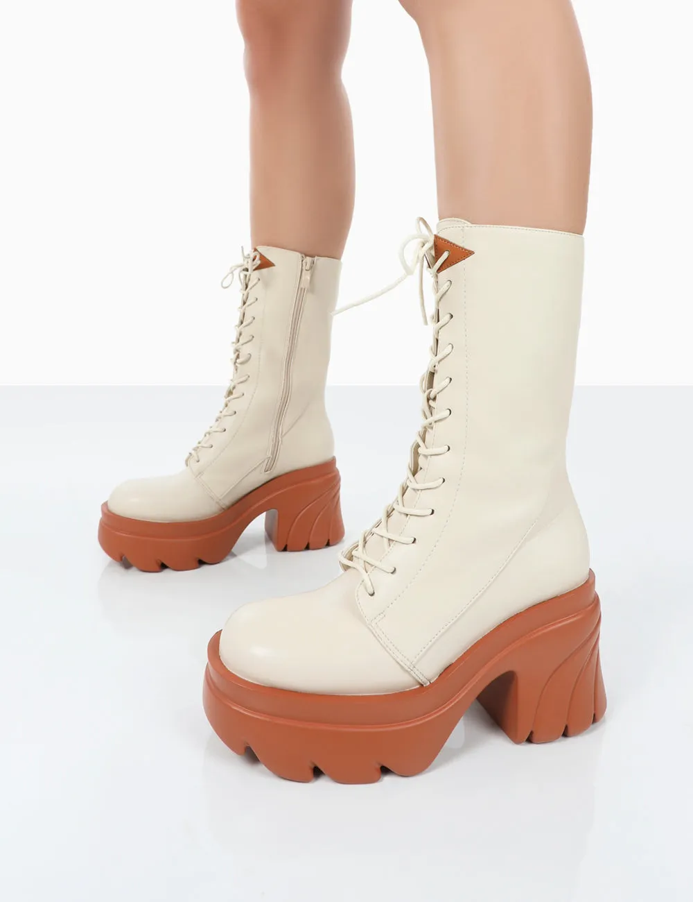 Ever Beige Laced Chunky Sole Ankle Boots