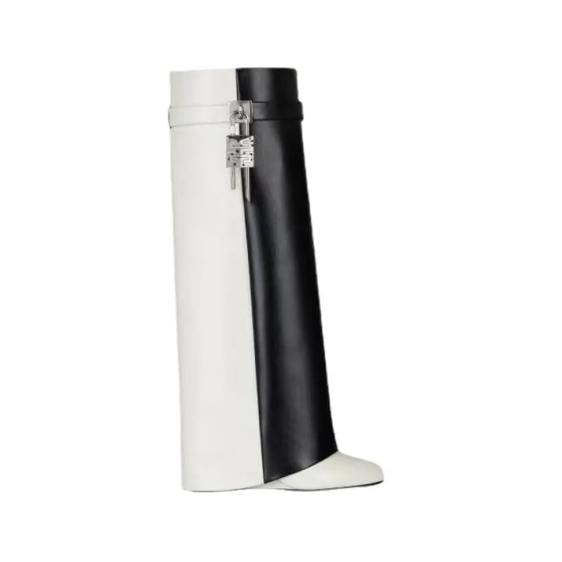 Fashion Shark Lock Knee High Boots in Black and White
