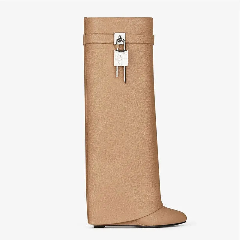 Fashion Shark Lock Knee High Boots in Black and White