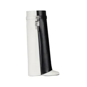 Fashion Shark Lock Knee High Boots in Black and White
