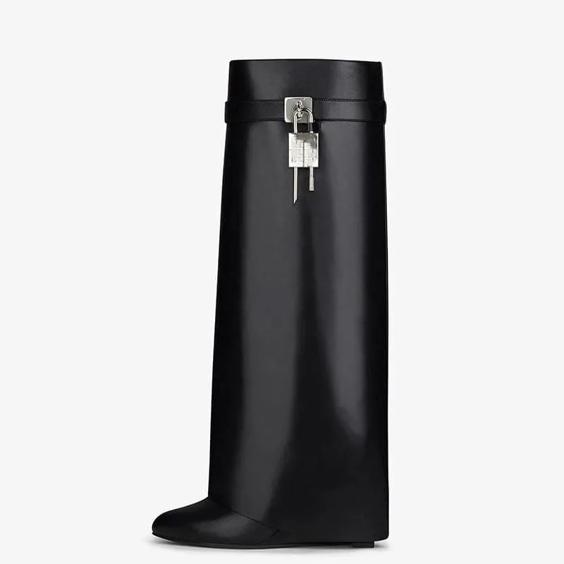 Fashion Shark Lock Knee High Boots in Black and White
