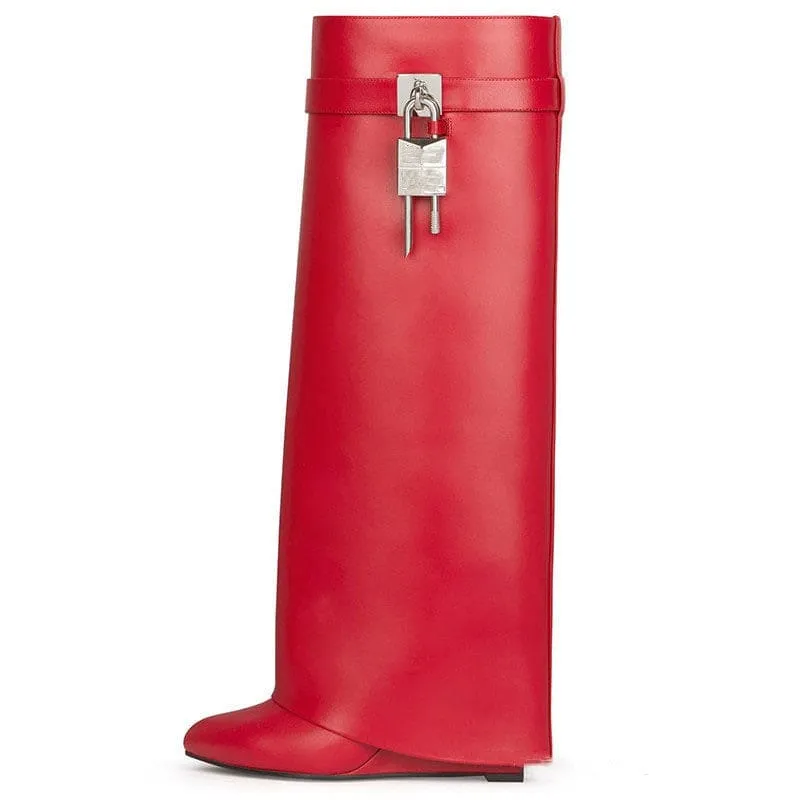 Fashion Shark Lock Knee High Boots in Black and White