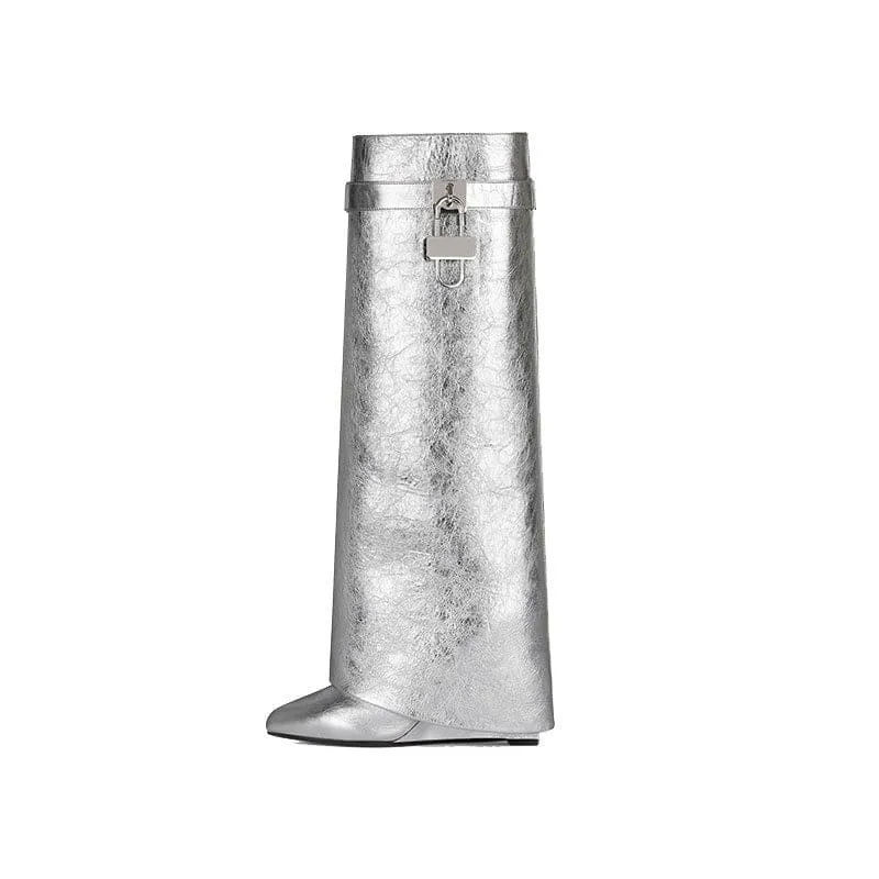 Fashion Shark Lock Knee High Boots in Black and White