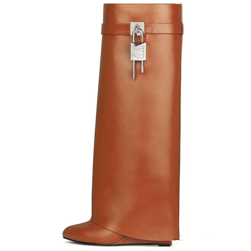 Fashion Shark Lock Knee High Boots in Black and White