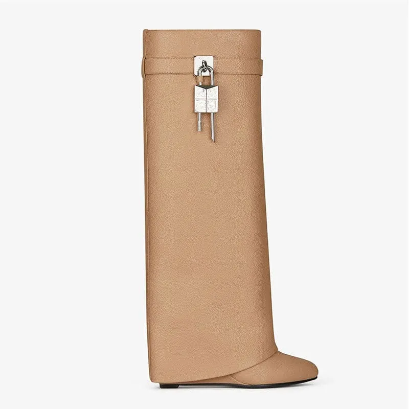 Fashion Shark Lock Knee High Boots in Black and White