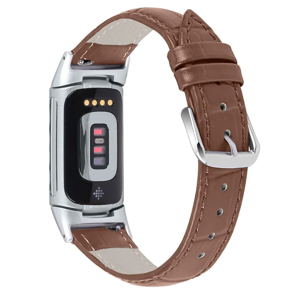 Fitbit Charge 5 crocodile texture genuine leather watch strap - Brown
