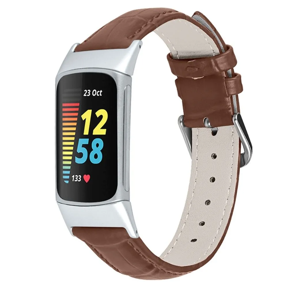 Fitbit Charge 5 crocodile texture genuine leather watch strap - Brown
