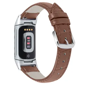 Fitbit Charge 5 crocodile texture genuine leather watch strap - Brown