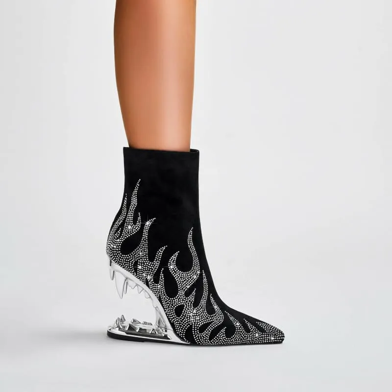 Flame Design High Heel Rhinestone Ankle Boots with Teeth Profiled Heel