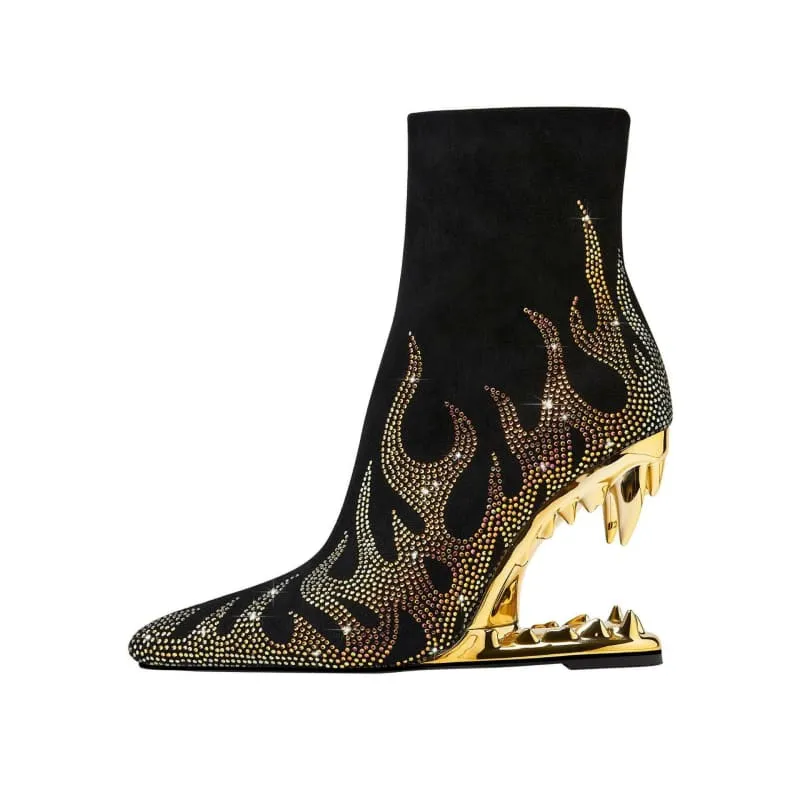 Flame Design High Heel Rhinestone Ankle Boots with Teeth Profiled Heel