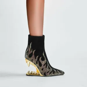 Flame Design High Heel Rhinestone Ankle Boots with Teeth Profiled Heel