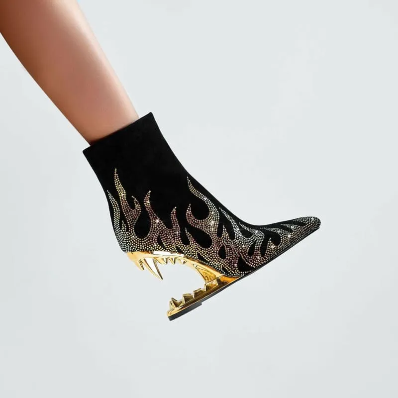 Flame Design High Heel Rhinestone Ankle Boots with Teeth Profiled Heel