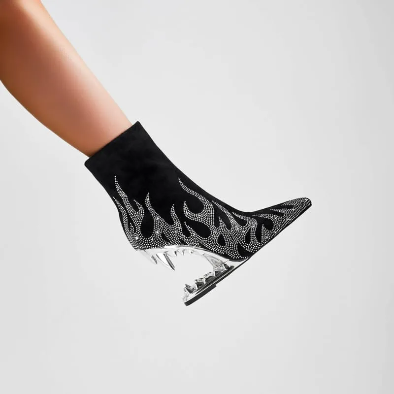 Flame Design High Heel Rhinestone Ankle Boots with Teeth Profiled Heel