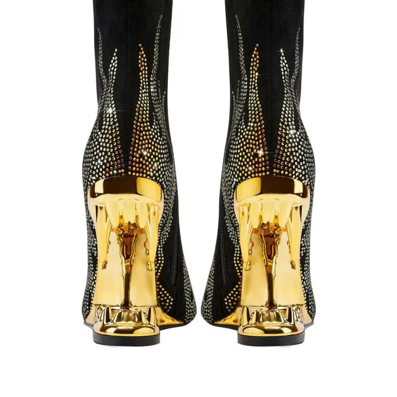 Flame Design High Heel Rhinestone Ankle Boots with Teeth Profiled Heel