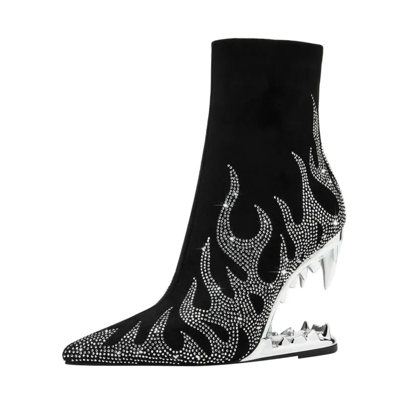 Flame Design High Heel Rhinestone Ankle Boots with Teeth Profiled Heel