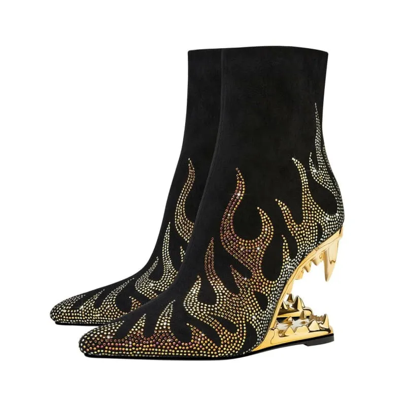 Flame Design High Heel Rhinestone Ankle Boots with Teeth Profiled Heel