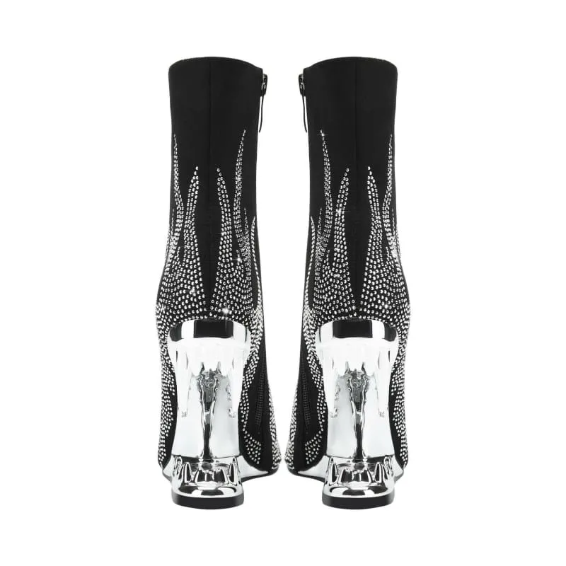 Flame Design High Heel Rhinestone Ankle Boots with Teeth Profiled Heel